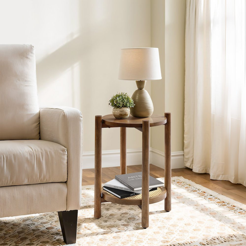 Lihala Chestnut Accent Table with Rattan Shelf