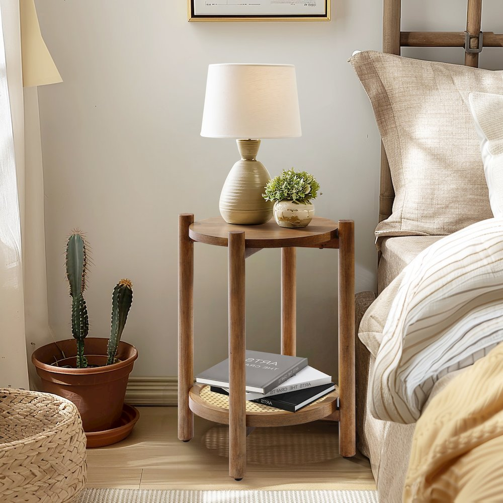 Lihala Chestnut Accent Table with Rattan Shelf