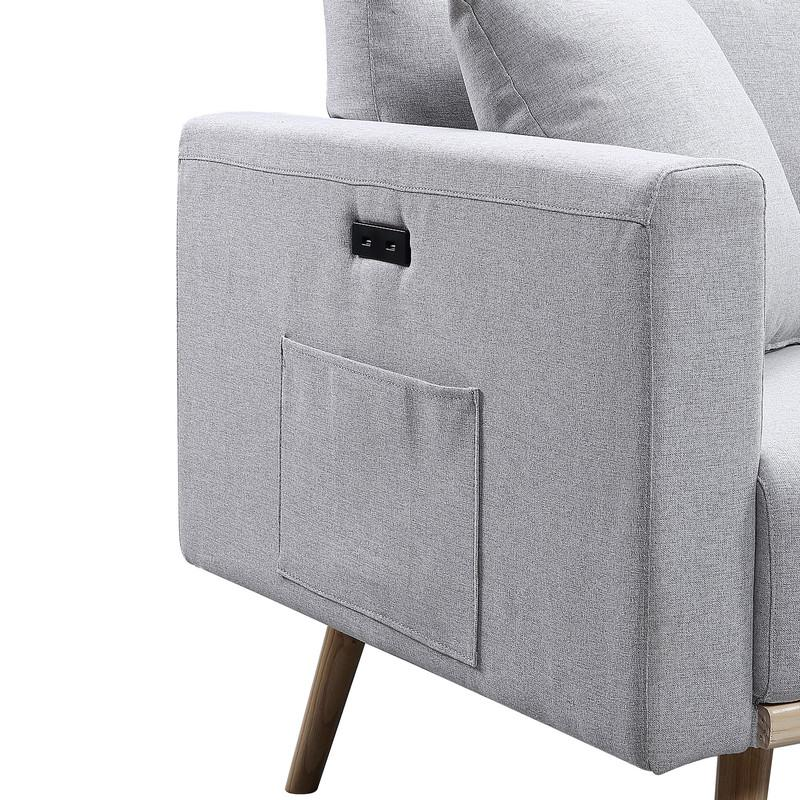 Easton Light Gray Linen Fabric Chair with USB Charging Ports Pockets & Pillows