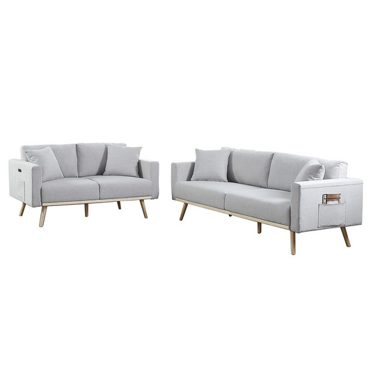 Easton Light Gray Linen Fabric Sofa Loveseat Living Room Set with USB Charging Ports Pockets & Pillows