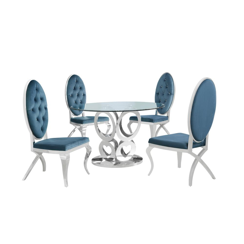 Classic 5pc Round Dining Set, Glass Table with Faux Crystal Chairs in Teal Velvet