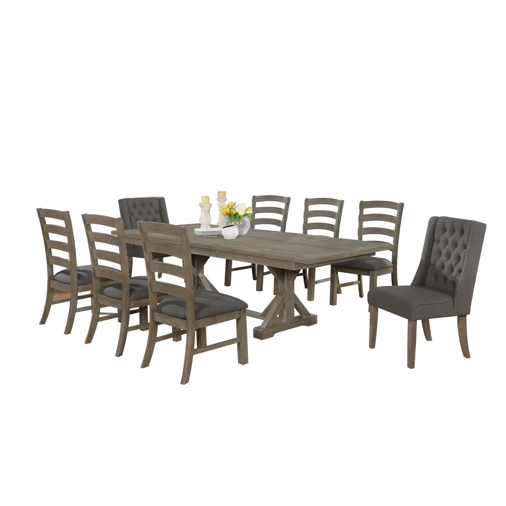 Classic Extension Dining 9 Piece Set w/18"Center Leaf, 8 Chairs in Dark Grey Linen