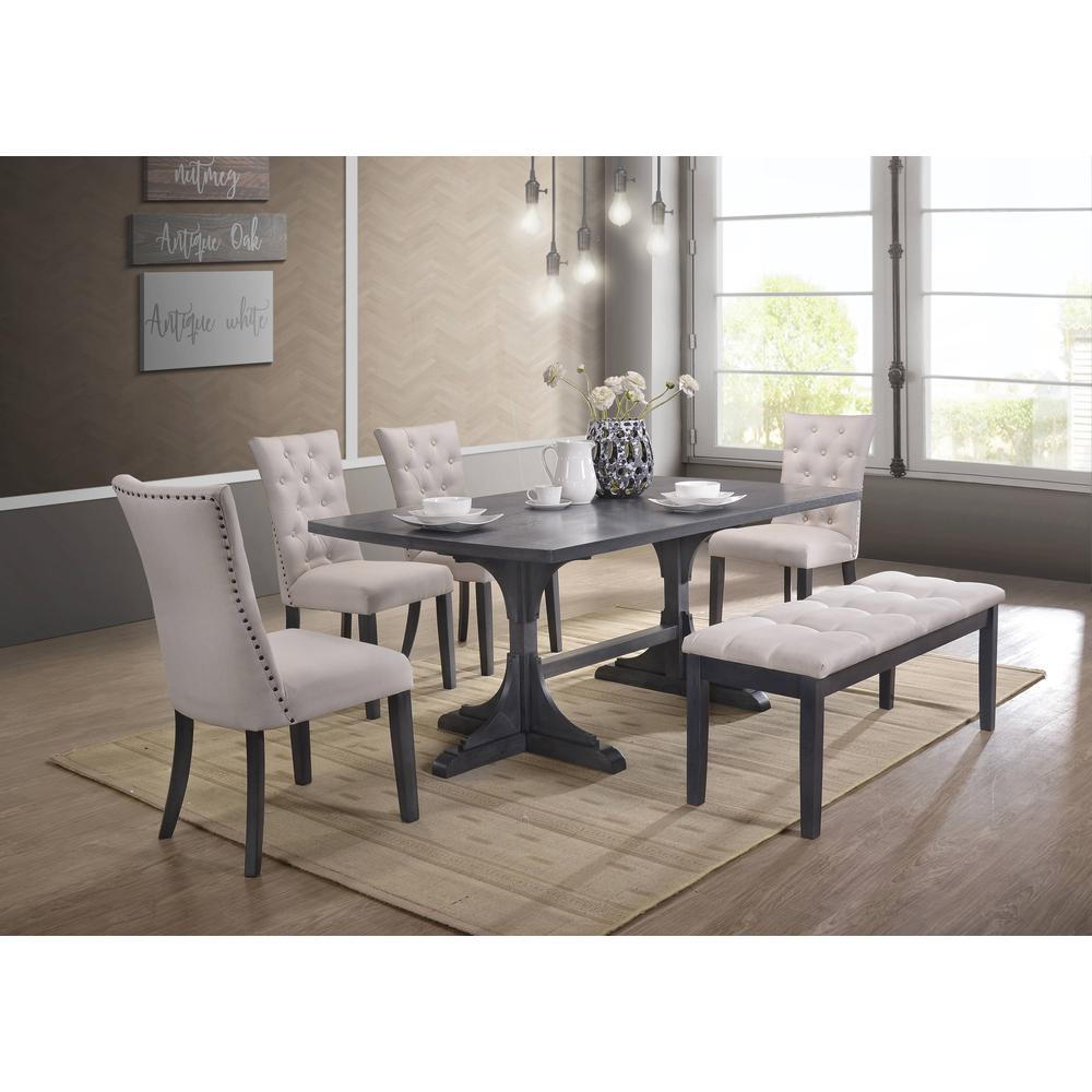 Classic 6pc Dining Set with Weathered Gray Dining Table, Uph Bench & Side Chairs Tufted & Nailhead Trim, Beige