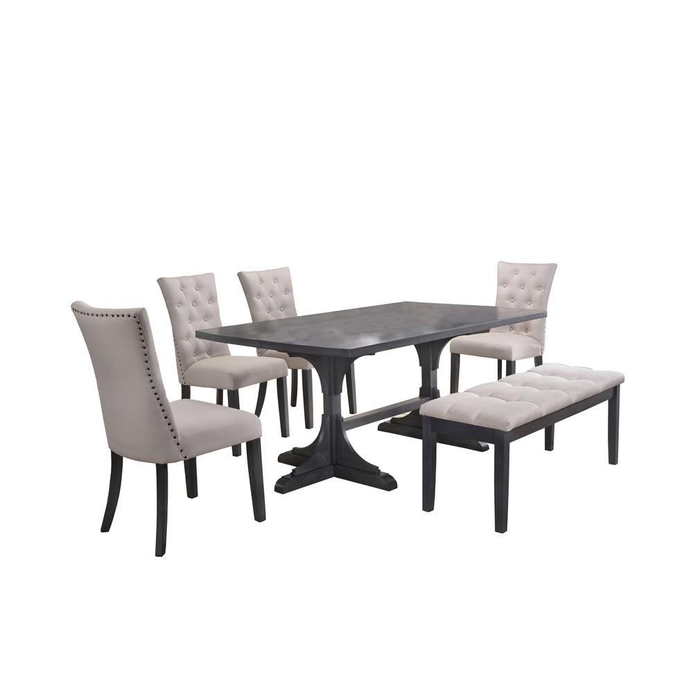 Classic 6pc Dining Set with Weathered Gray Dining Table, Uph Bench & Side Chairs Tufted & Nailhead Trim, Beige