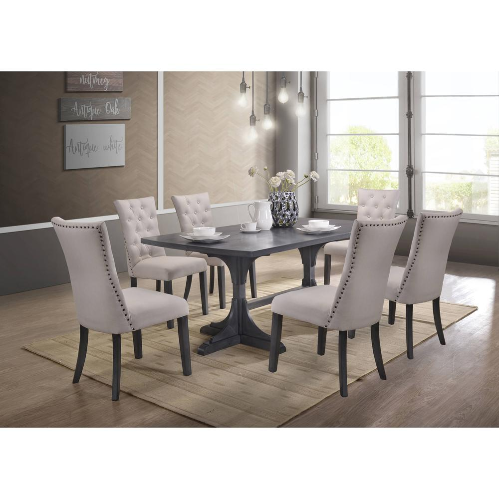 Classic 7pc Dining Set with Weathered Gray Dining Table, Uph Side Chairs Tufted & Nailhead Trim, Beige