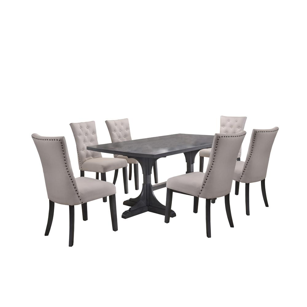 Classic 7pc Dining Set with Weathered Gray Dining Table, Uph Side Chairs Tufted & Nailhead Trim, Beige