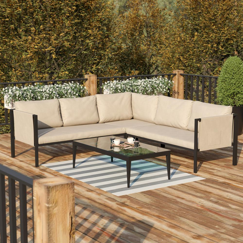 Lea Indoor/Outdoor Sectional with Cushions - Modern Steel Framed Chair with Dual Storage Pockets, Black with Beige Cushions