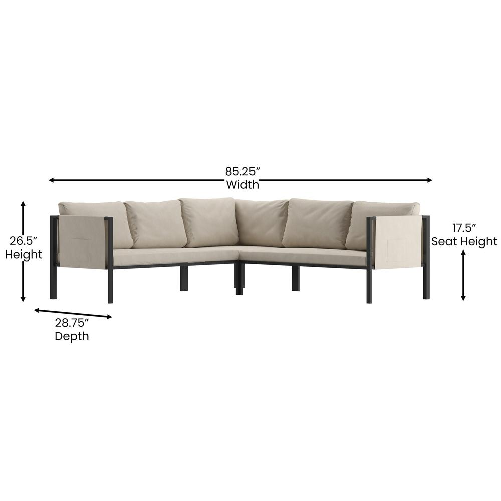 Lea Indoor/Outdoor Sectional with Cushions - Modern Steel Framed Chair with Dual Storage Pockets, Black with Beige Cushions