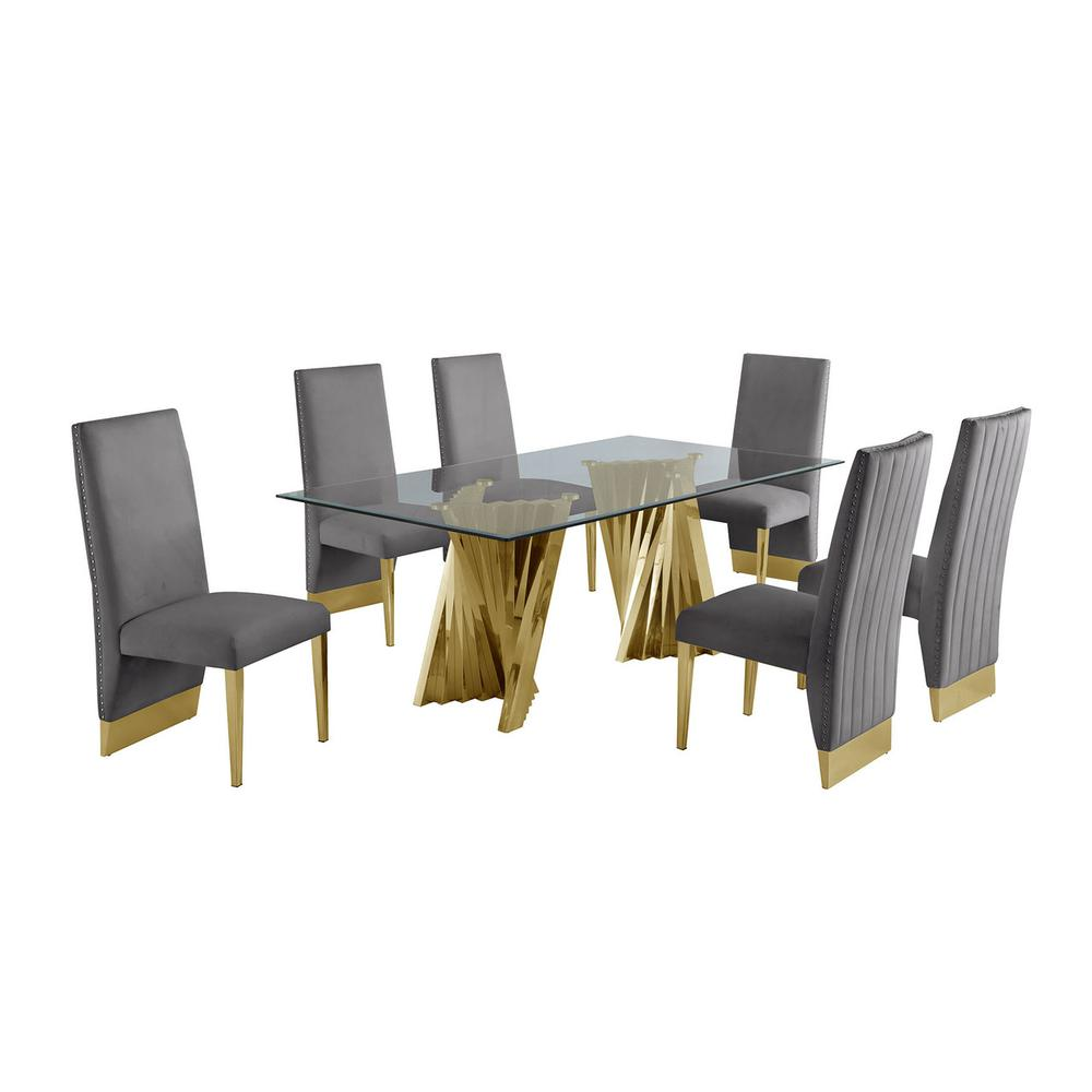 Classic 7pc Dining Set w/Pleated Side Chair, Glass Table w/ Gold Spiral Base, Dark Grey