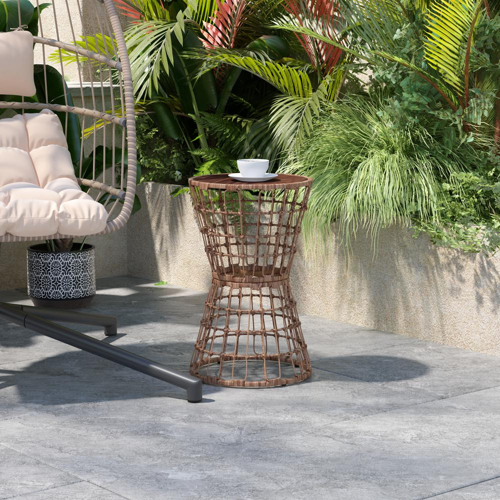 Devon Indoor/Outdoor Natural Finish Rattan Rope Table with Acacia Wood Top, Fade and Weather Resistant