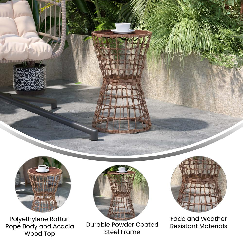 Devon Indoor/Outdoor Natural Finish Rattan Rope Table with Acacia Wood Top, Fade and Weather Resistant