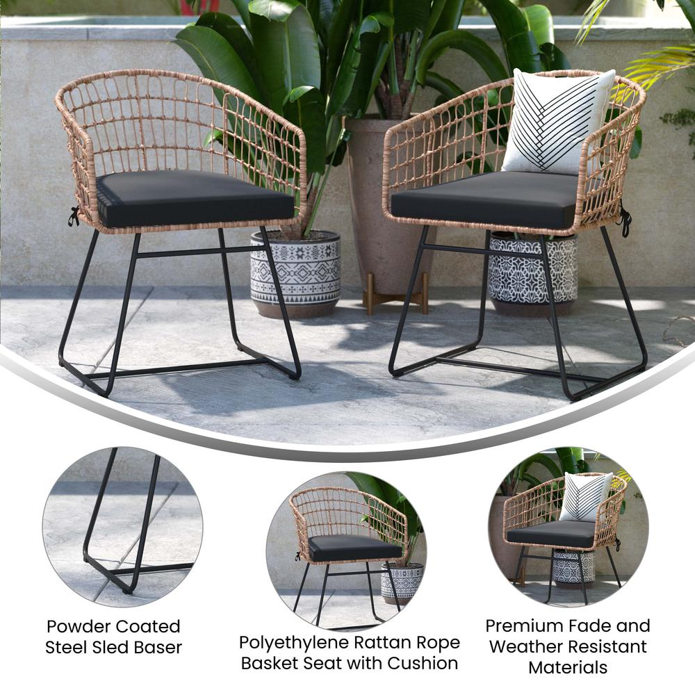 Devon Set of 2 Indoor/Outdoor Patio Boho Club Chairs, Rope with Natural PE Wicker Rattan, Black Cushions and Sled Base